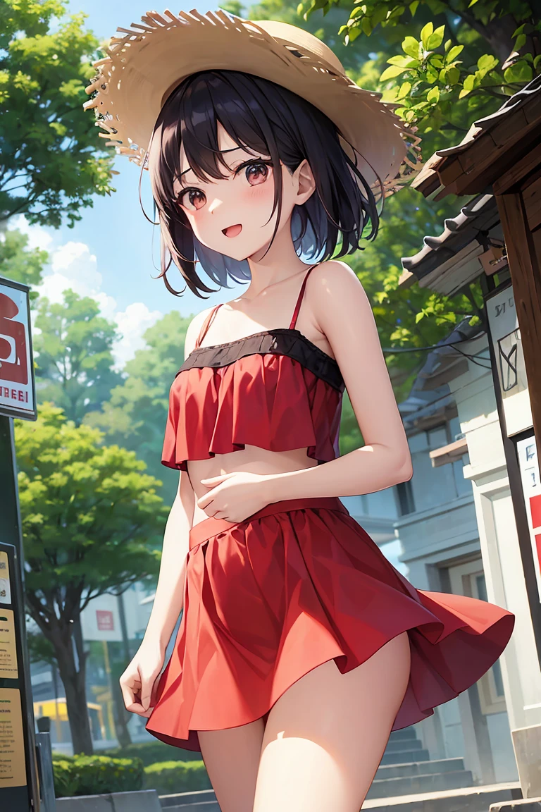 Summer Park, Camisole that shows your belly、Shapely bust、sexy、Cool mini skirt、Red straw hat、Laughter、Red cheeks、A cute little beautiful face of a shining 17 year old,Cute beauty、Black-haired,Small Face Beauty,Pale skin,Glowing Skin,Pale black eyes and bright, Dazzling and beautiful light、Stand as if dancing、Hair blowing in the wind