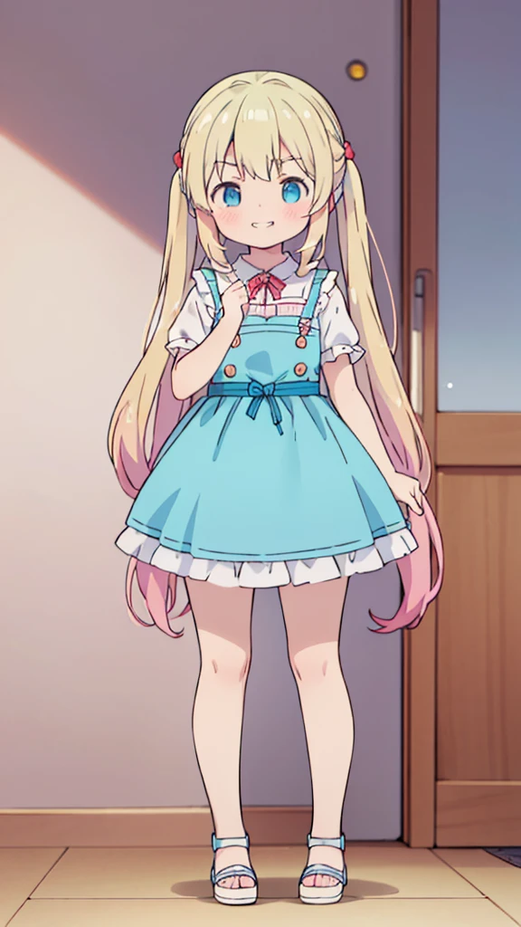 ((masterpiece))((Highest quality))girl、Smirk、blush、Flat Chest、Are thin、Blonde Hair、blush、Are standing、Whole body image、Eye level to the feet、front、No background、真frontのアングル、Blue clothes、Hair is two colors、Twin tails、Red Alice outfit