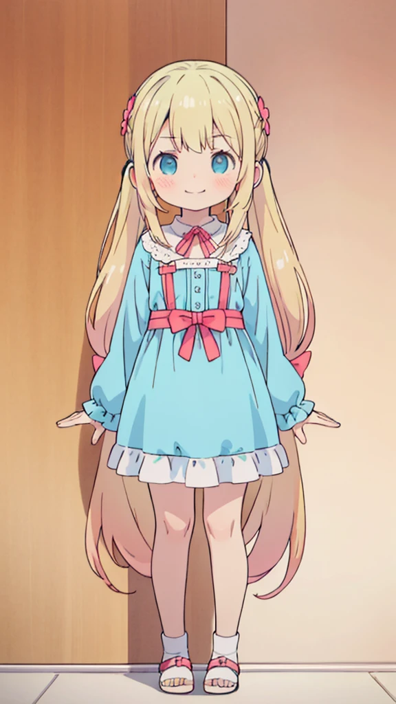 ((masterpiece))((Highest quality))girl、Smirk、blush、Flat Chest、Are thin、Blonde Hair、blush、Are standing、Whole body image、Eye level to the feet、front、No background、真frontのアングル、Blue clothes、Hair is two colors、Twin tails、Red Alice outfit
