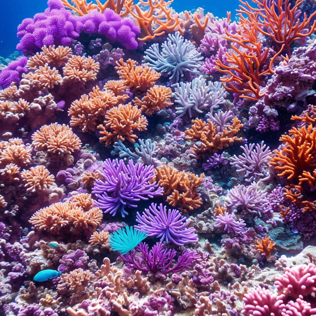 purple sea anemone in a tank with other sea creatures, delicate coral sea bottom, colorful coral, long wispy tentacles, harmony of neon glowing coral, translucent gills, eagle coral, elegant coral sea bottom, beautiful colorful corals, purple and blue neons, radiating atomic neon corals, sea anemone, coral, rainbow corals, corals, underwater soft colours