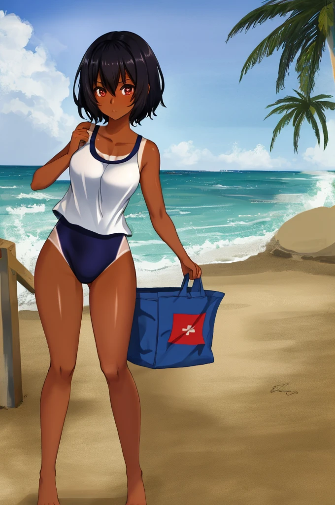 (best quality, high quality, ultra quality, Absurd:1.5), (One girl, fighter, (Black Hair, Pixie Cut Tan, Suntan LINES, Dark skinned women, Dark Skin:1.3), (gigantic 胸, beautiful detailed eyes), Dark blue school swimsuit, Outdoor, beach,