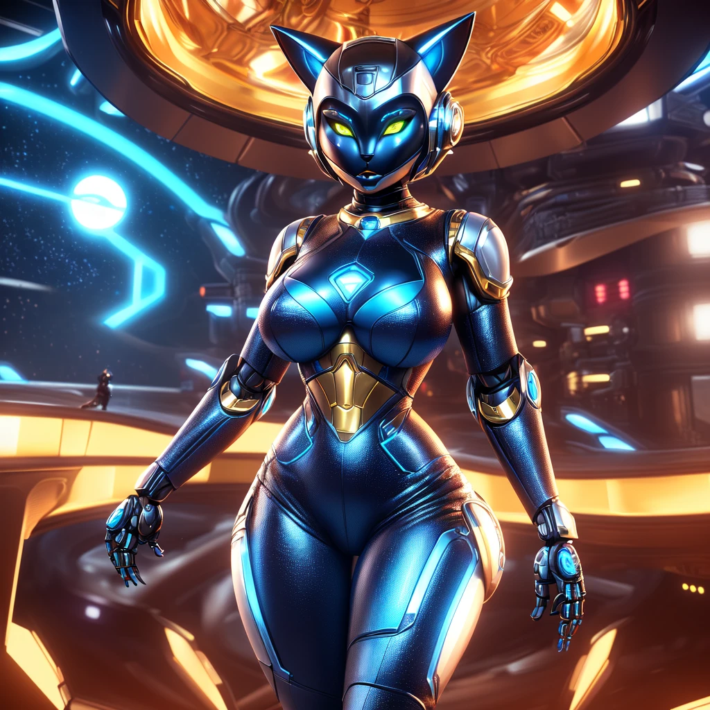 ((woman with a perfect figure, beautiful breasts and hips, She is wearing a beautifully detailed Ultra detailed robo cat woman costume with a shiny blue knee length bodycon dress, she is wearing a beautiful detailed robotic helmet with cat ears)), ((ultra-detailed to the smallest detail, ultra realistic 8k graphics, Best quality))
