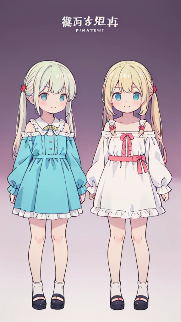 ((masterpiece))((Highest quality))girl、Smirk、blush、Flat Chest、Are thin、Blonde Hair、blush、Are standing、Whole body image、Eye level to the feet、front、No background、真frontのアングル、Blue clothes、Hair is two colors、Twin tails、Red Alice outfit