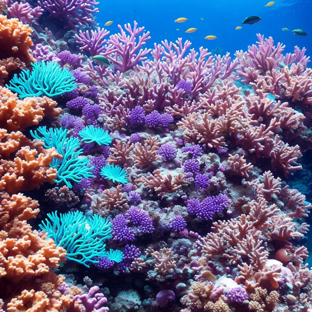 purple sea anemone in a tank with other sea creatures, delicate coral sea bottom, colorful coral, long wispy tentacles, harmony of neon glowing coral, translucent gills, eagle coral, elegant coral sea bottom, beautiful colorful corals, purple and blue neons, radiating atomic neon corals, sea anemone, coral, rainbow corals, corals, underwater soft colours