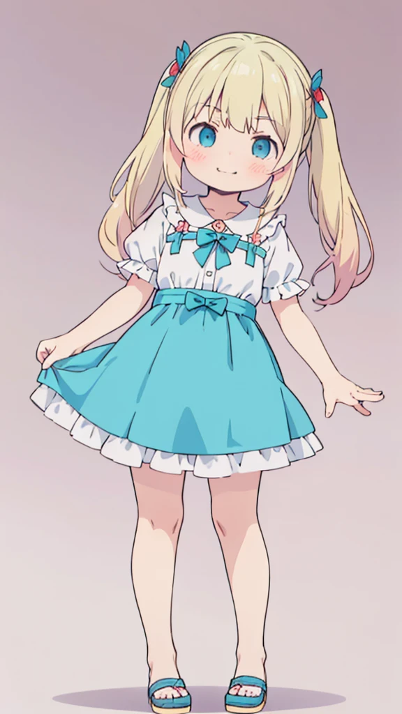 ((masterpiece))((Highest quality))girl、Smirk、blush、Flat Chest、Are thin、Blonde Hair、blush、Are standing、Whole body image、Eye level to the feet、front、No background、真frontのアングル、Blue clothes、Hair is two colors、Twin tails、Red Alice outfit