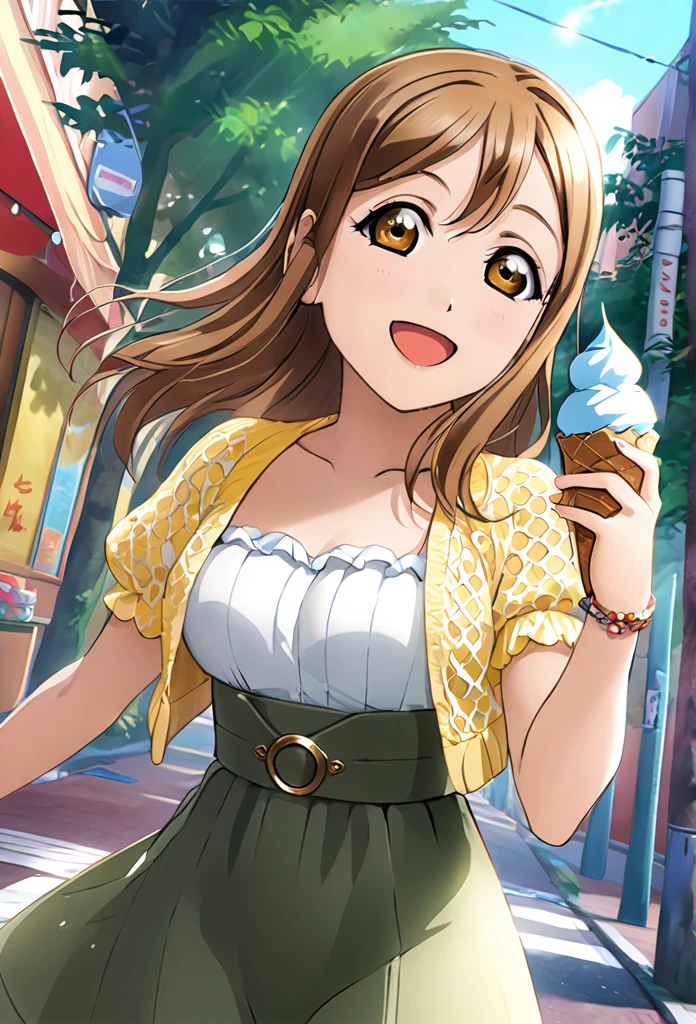 Ultra-realism、One girl, Long Hair, smile, Hanamaru Kunikida、Reach out、Background Street、Ice cream in one hand