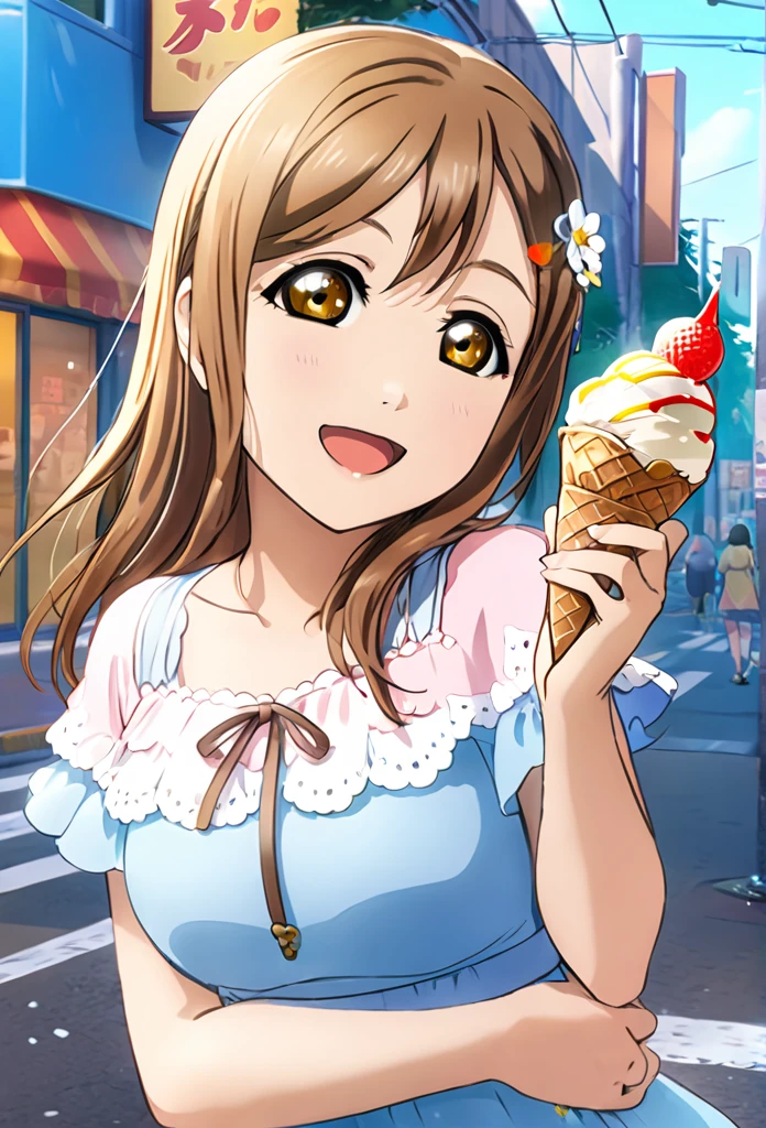 Ultra-realism、One girl, Long Hair, smile, Hanamaru Kunikida、Reach out、Background Street、Ice cream in one hand