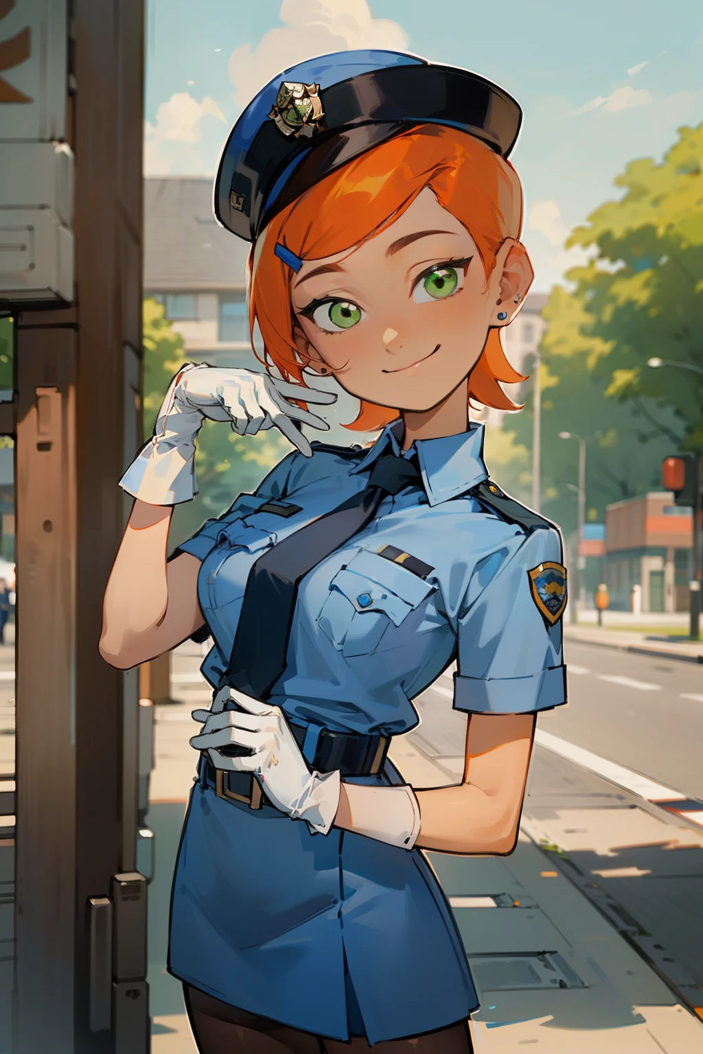 (masterpiece, best quality), 1girl(beautiful face, gwendolyn_tennyson, breasts, orange hair, short hair, green eyes),detailed face, smile, solo, head tilt, police woman, blue shirts, belts, dark blue skirt, brown pantyhose, police hat, white gloves, outdoor, standing