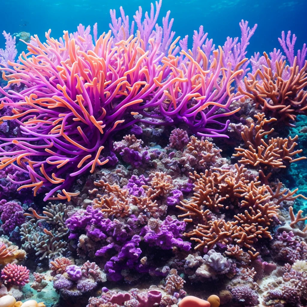 purple sea anemone in a tank with other sea creatures, a macro photograph by Stefan Lochner, flickr, art nouveau, delicate coral sea bottom, colorful coral, long wispy tentacles, harmony of neon glowing coral, translucent gills, eagle coral, elegant coral sea bottom, beautiful colorful corals, purple and blue neons, radiating atomic neon corals, sea anemone