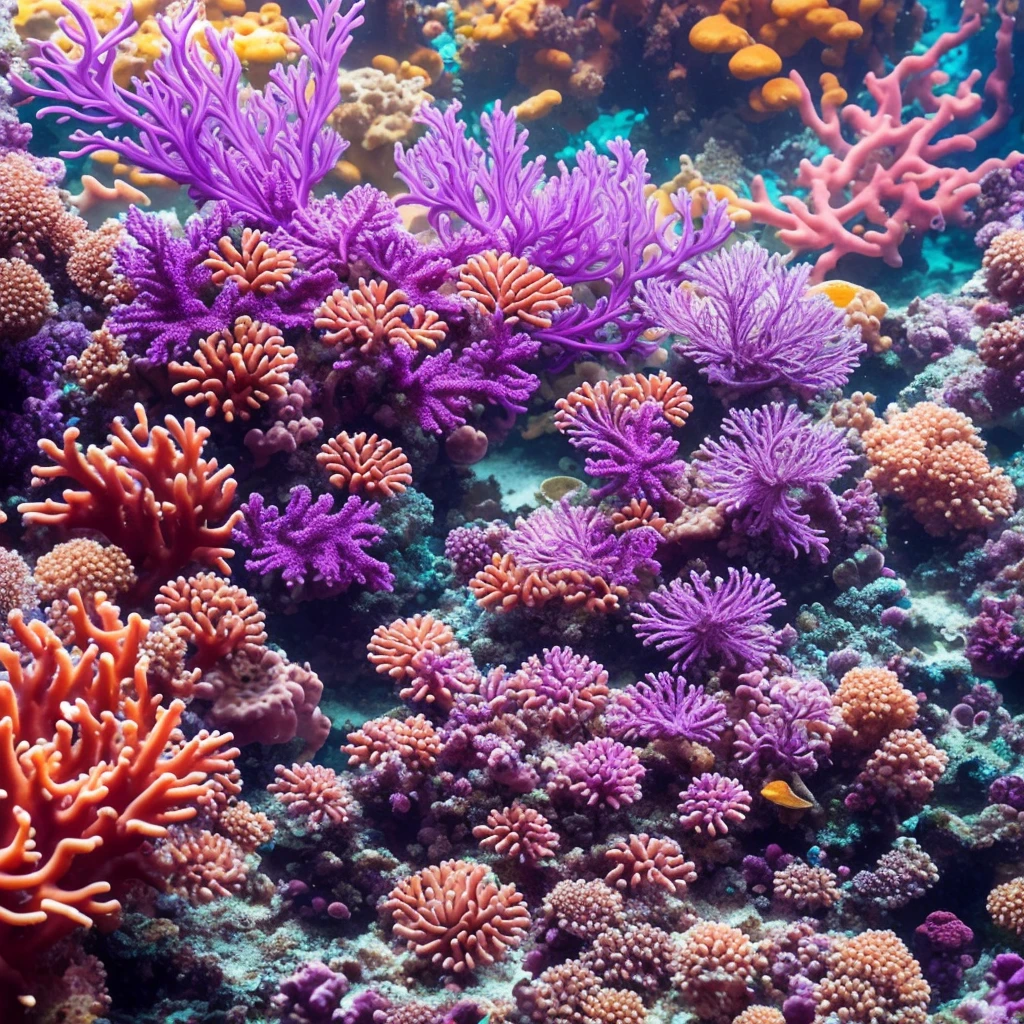 purple sea anemone in a tank with other sea creatures, a macro photograph by Stefan Lochner, flickr, art nouveau, delicate coral sea bottom, colorful coral, long wispy tentacles, harmony of neon glowing coral, translucent gills, eagle coral, elegant coral sea bottom, beautiful colorful corals, purple and blue neons, radiating atomic neon corals, sea anemone