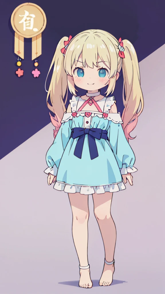 ((masterpiece))((Highest quality))girl、Smirk、blush、Flat Chest、Are thin、Blonde Hair、blush、Are standing、Whole body image、Eye level to the feet、front、No background、真frontのアングル、Blue clothes、Hair is two colors、Twin tails、Red Alice outfit