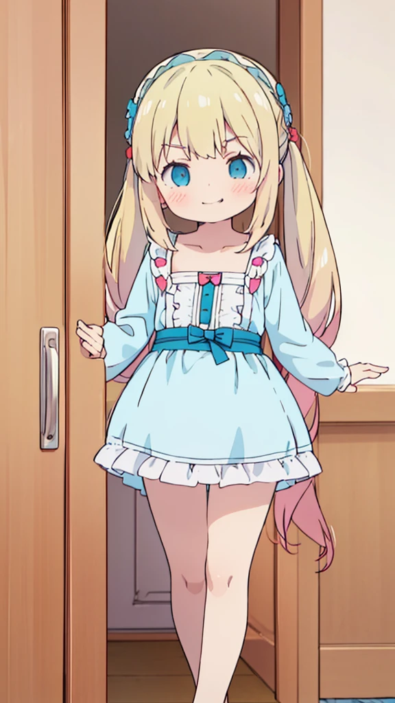 ((masterpiece))((Highest quality))girl、Smirk、blush、Flat Chest、Are thin、Blonde Hair、blush、Are standing、Whole body image、Eye level to the feet、front、No background、真frontのアングル、Blue clothes、Hair is two colors、Twin tails、Red Alice outfit