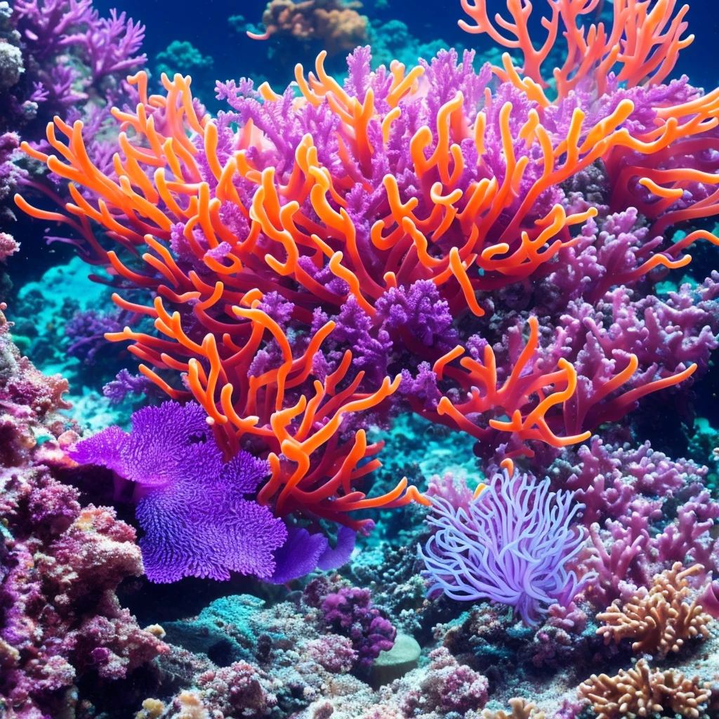 purple sea anemone in a tank with other sea creatures, a macro photograph by Stefan Lochner, flickr, art nouveau, delicate coral sea bottom, colorful coral, long wispy tentacles, harmony of neon glowing coral, translucent gills, eagle coral, elegant coral sea bottom, beautiful colorful corals, purple and blue neons, radiating atomic neon corals, sea anemone