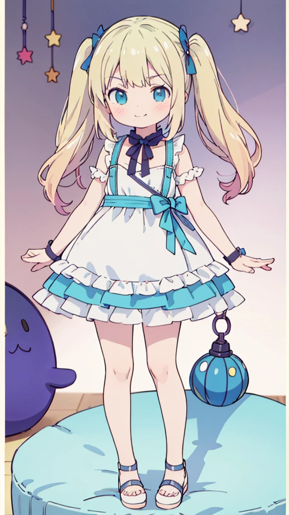 ((masterpiece))((Highest quality))girl、Smirk、blush、Flat Chest、Are thin、Blonde Hair、blush、Are standing、Whole body image、Eye level to the feet、front、No background、真frontのアングル、Blue clothes、Hair is two colors、Twin tails、Red Alice outfit