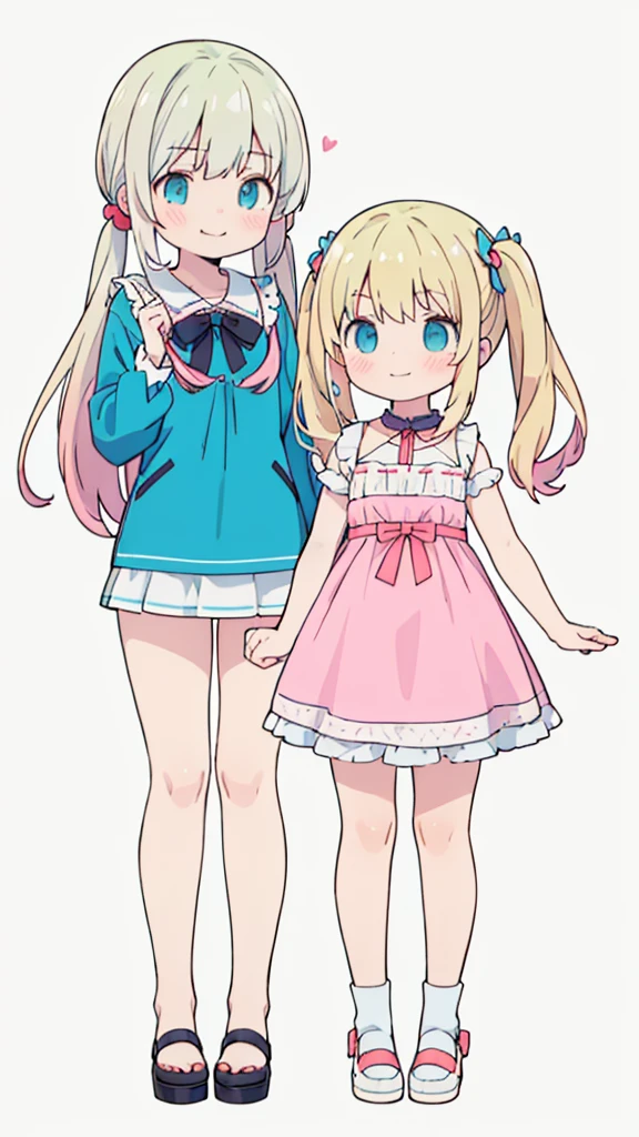 ((masterpiece))((Highest quality))girl、Smirk、blush、Flat Chest、Are thin、Blonde Hair、blush、Are standing、Whole body image、Eye level to the feet、front、No background、真frontのアングル、Blue clothes、Hair is two colors、Twin tails、Red Alice outfit