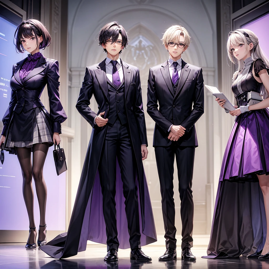 In one image divided into four sections, an architect male, a logician female, a commander female, and a debater male appear, each in distinctive poses against a unified backdrop with shades of purple.