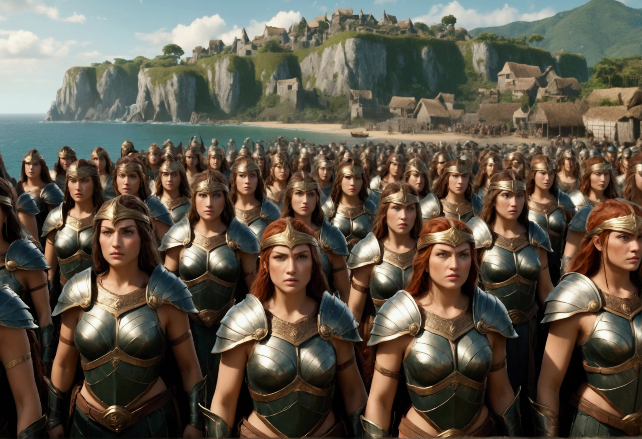 The head of the Amazons standing in full armor. Behind them are about 100 Amazons. A seaside village is visible in the background., wide shot, Ultra-Wide Angle, anatomically correct, textured skin, accurate, masterpiece, UHD, high details, high quality