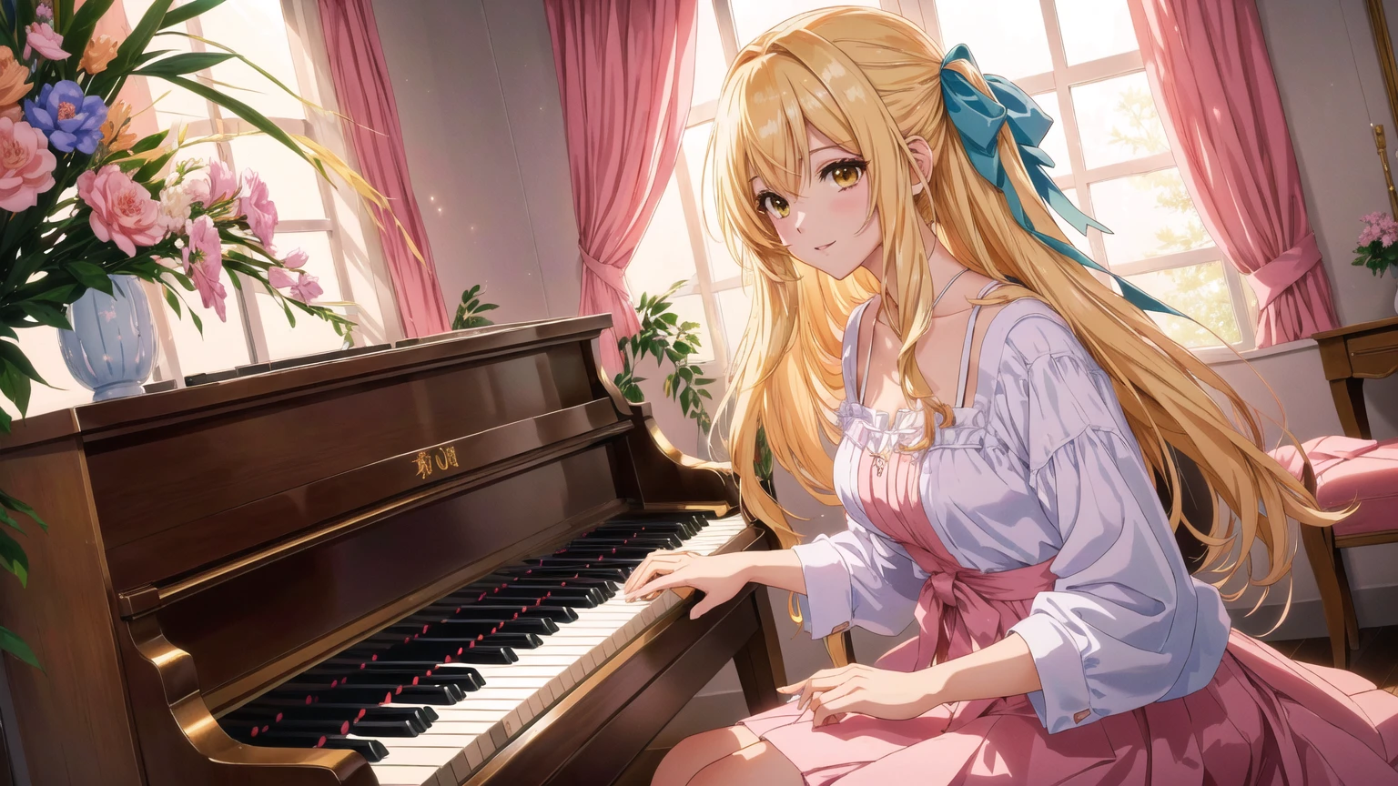 garota de アニメ sentada no chão tocando piano em uma sala, detailed Arte principal do アニメ, change, Arte Splash Anime , arte de アニメ limpa e detalhada, arte digital detalhada de アニメ, offcial art, nightcore, lindo retrato de アニメ, linda garota de アニメ, アニメ. soft lighting, estilo アニメ 4k, Arte principal do アニメ, pianist, lindas obras de アニメ
