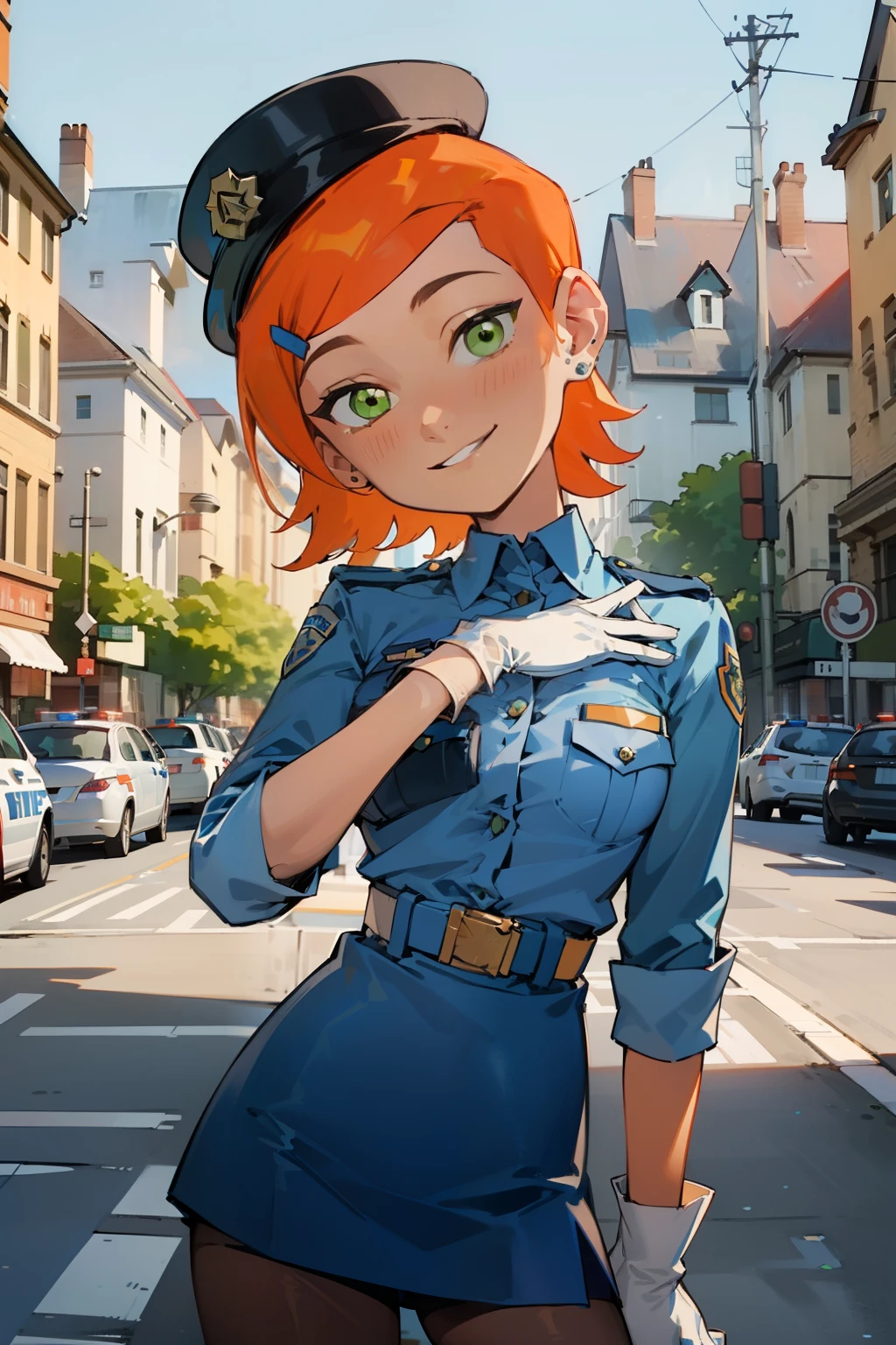 (masterpiece, best quality), 1girl(beautiful face, gwendolyn_tennyson, breasts, orange hair,  short hair, green eyes),detailed face, smile, solo, head tilt, police woman,  blue shirts, belts,  dark blue  skirt,  brown pantyhose,  police hat, white gloves,  outdoor,  standing 