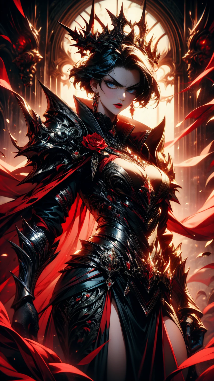 Masterpiece, high quality, super detailed, wallpaper, woman, black armor with black and red details, viewed from below, looking at the viewer, fit body, heels with black thorns, black and red short thorn crown, very short black hair, blue eyes, red lips, black eye makeup, black cape with black embroidery, angry look, stunning, in various poses, armored gloves