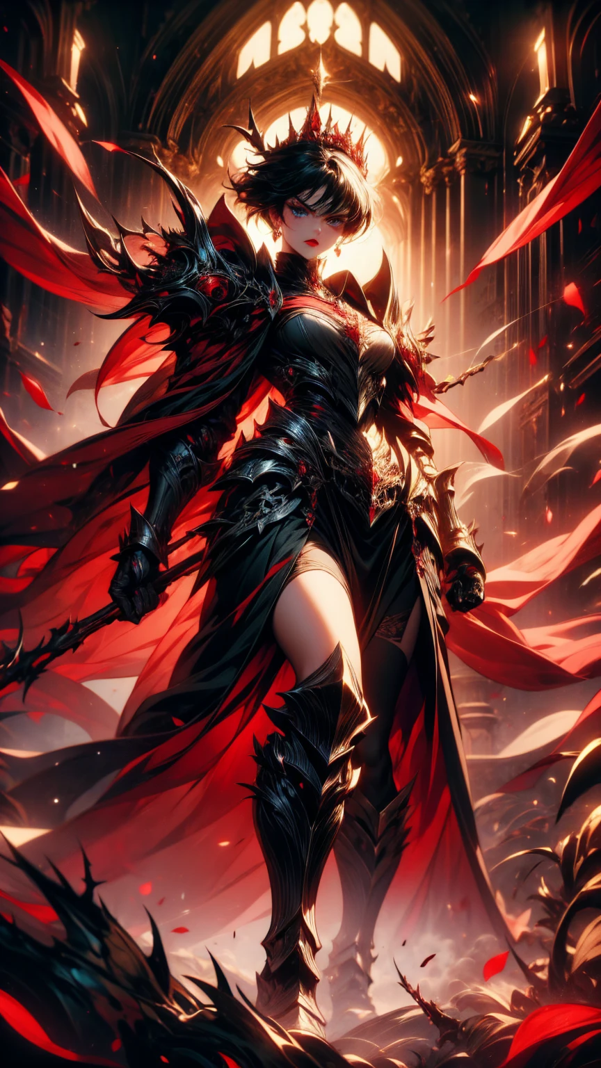 Masterpiece, high quality, super detailed, wallpaper, woman, black armor with black and red details, viewed from below, looking at the viewer, fit body, heels with black thorns, black and red short thorn crown, very short black hair, blue eyes, red lips, black eye makeup, black cape with black embroidery, angry look, stunning, in various poses, armored gloves