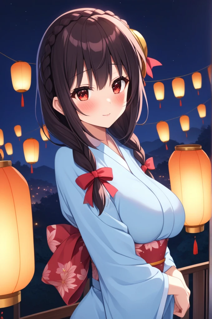 alone, One girl、Crown braids in the same color as your hair, hair ornaments, Hair Ribbon,(A light blue kimono with a red floral pattern and a red obi.)、Red Eyes、Black Hair、(blush:1.5)、Larger breasts、(Floating lanterns at night)、Sensual、sexy