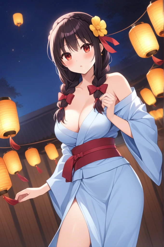 alone, One girl、Crown braids in the same color as your hair, hair ornaments, Hair Ribbon,(A light blue kimono with a red floral pattern and a red obi.)、Red Eyes、Black Hair、(blush:1.5)、Larger breasts、(Floating lanterns at night)、Sensual、sexy