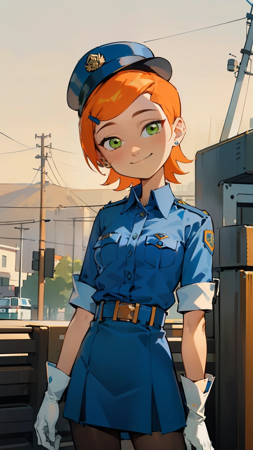 (masterpiece, best quality), 1girl(beautiful face, gwendolyn_tennyson, breasts, orange hair,  short hair, green eyes),detailed face, smile, solo, head tilt, police woman,  low blue shirts, belts,  dark blue  skirt,  brown pantyhose,  police hat, white gloves,  outdoor,  standing 