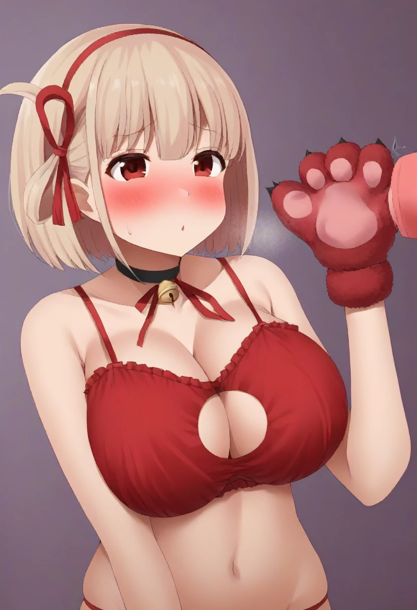 Nishikigi chisato, Bobcut, Hair Ribbon、blush、The whole body is visible、Huge breasts、Handjob、slim:1.5、Red Cat Lingerie, choker, Neck bell、Big Red Cat Paw Gloves、Red Cat Ears