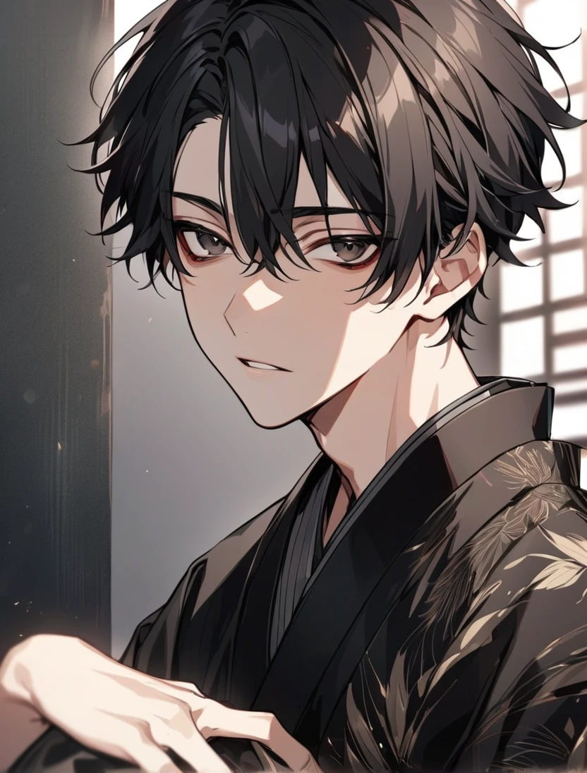 (black_hair), (short_hair), (deep_black_eyes), (Handsome), (Attractive), (male), (unique_black_kimono), (detailed_Hair), (detailed_mouth), (Teenager), (dark_under_eyes), (gem_like_eyes), (japanese)