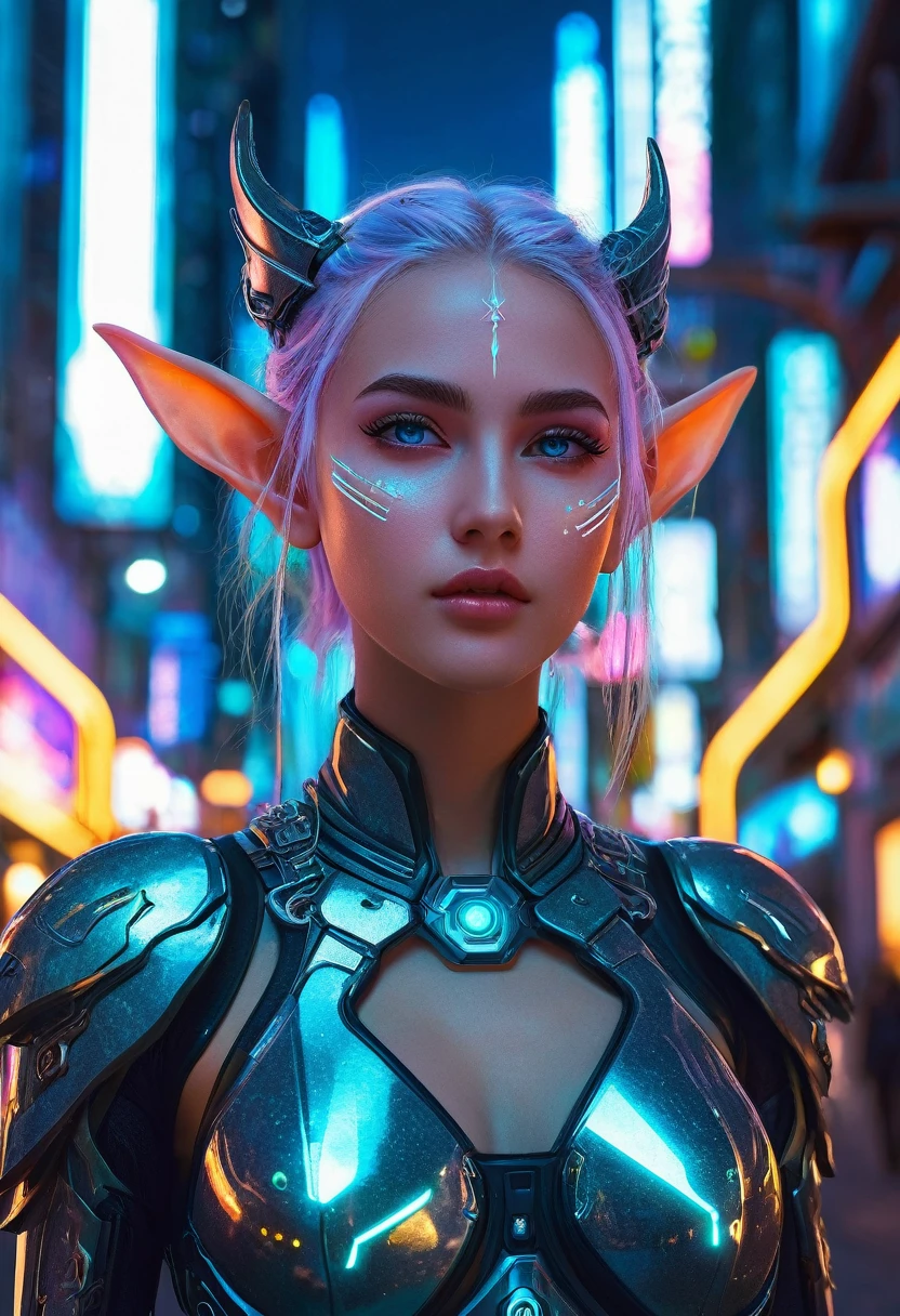 Cyberpunk elves,((full-body shot)), Very detailed, 1 Girl, Beautiful and delicate eyes, Beautiful and delicate lips, Extremely detailed faces and features,Big Elf Ears, Exquisite cyberpunk armor, Luminescence neon lights, Advanced technology, Future Cityscape, Dramatic Lighting, Composition, Vibrant colors, neon, Luminescence, Ultra Detailed, Reality,