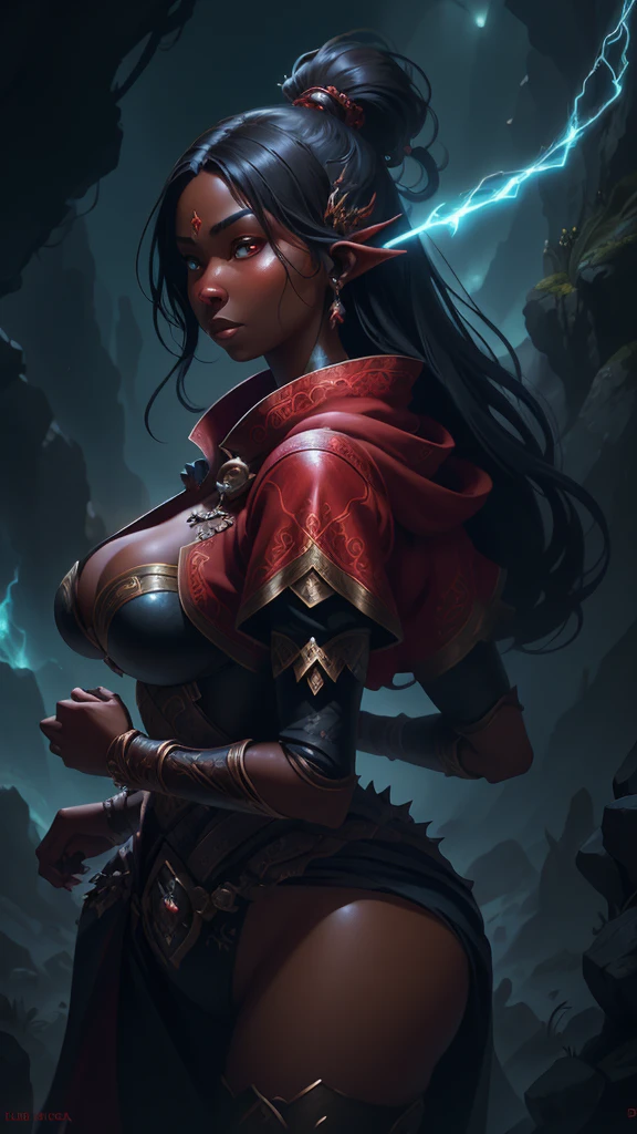 girl with big breasts, with exotic red clothing, dark ebony skin, round and big butt, Epic Fantasy Art Style HD, 4K fantasy art, epic fantasy digital art style, epic fantasy art style, Fantasy Woman, epic fantasy art portrait, Epic fantasy style, hyperrealistic fantasy art, hd fantasy art, Epic fantasy character art, epic fantasy art, in style of dark fantasy art, epic fantasy digital art, (iluminación cinematográfica:1.4 ), 