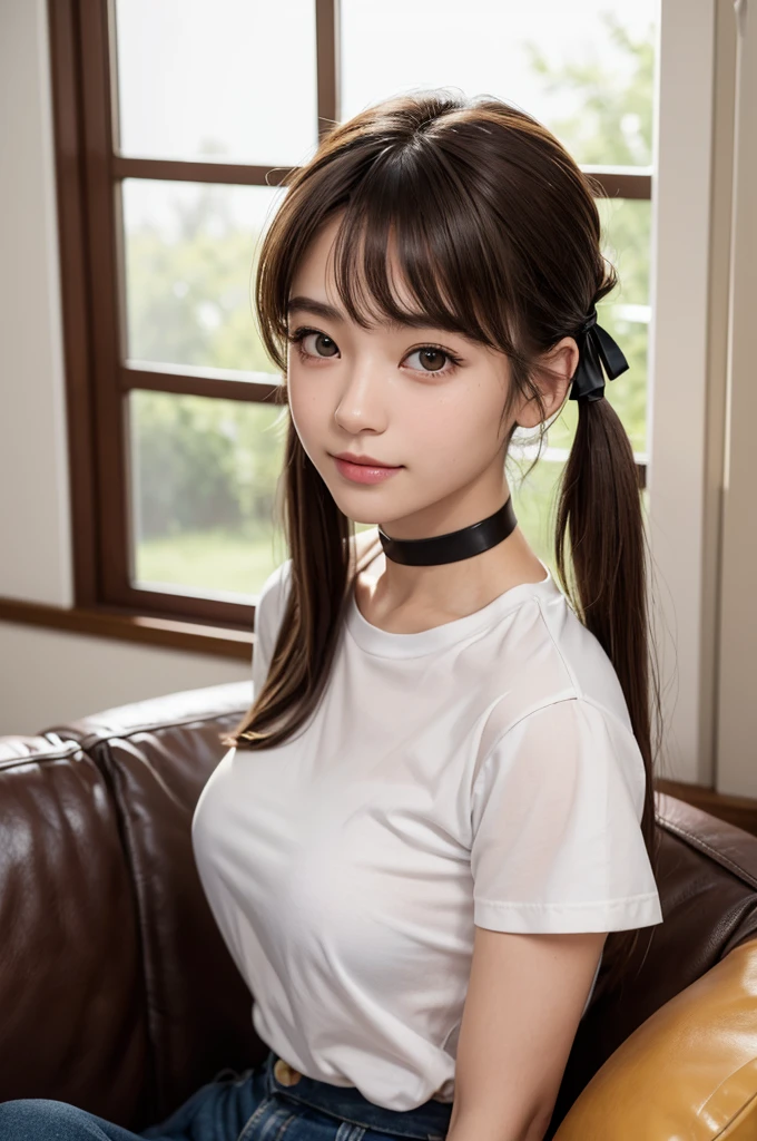 (masterpiece, Highest quality, 8k, High resolution),(Realistic skin texture, Perfect Face, Realistic, Perfect hands, Perfect finger count, Japanese, Girl), (17 years old), Big Eyes, Brown eyes, Light brown hair, bangs, Twin tails, Hair Ribbon, Small face, Smile, (choker, naked, White short sleeve buttoned shirt, Pussy)), living room, Neon outside the window, Leather sofa, Sitting, Alluring pose