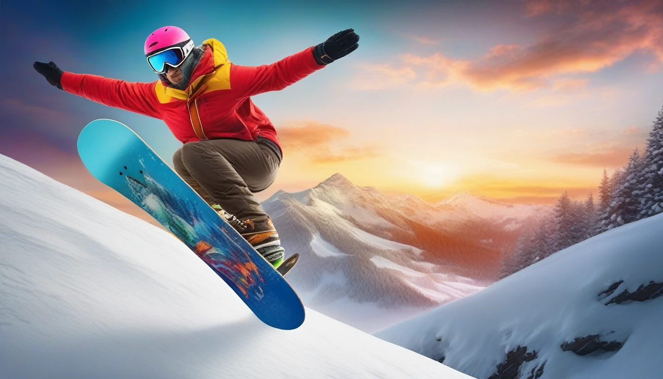 A colorful and eclectic photograph in a photorealistic and cinematic style.
Holding a slice of pizza, a snowboarder descends a snow-covered mountain.
With a playful and magical atmosphere, the work presents a layered, three-dimensional quality, as if different elements had been glued to the canvas in a natural and realistic way. The composition evokes a feeling of introspection and complexity of thought. The mixed media feel of the piece contributes to the tactile and immersive experience, inviting the viewer to explore the depths of the pedestrian's thoughts and emotions. Add more, photo, fashion, vibrant, 3D rendering, cinematic, landscape., photo, cinematic, fashion, vibrant, wildlife photography