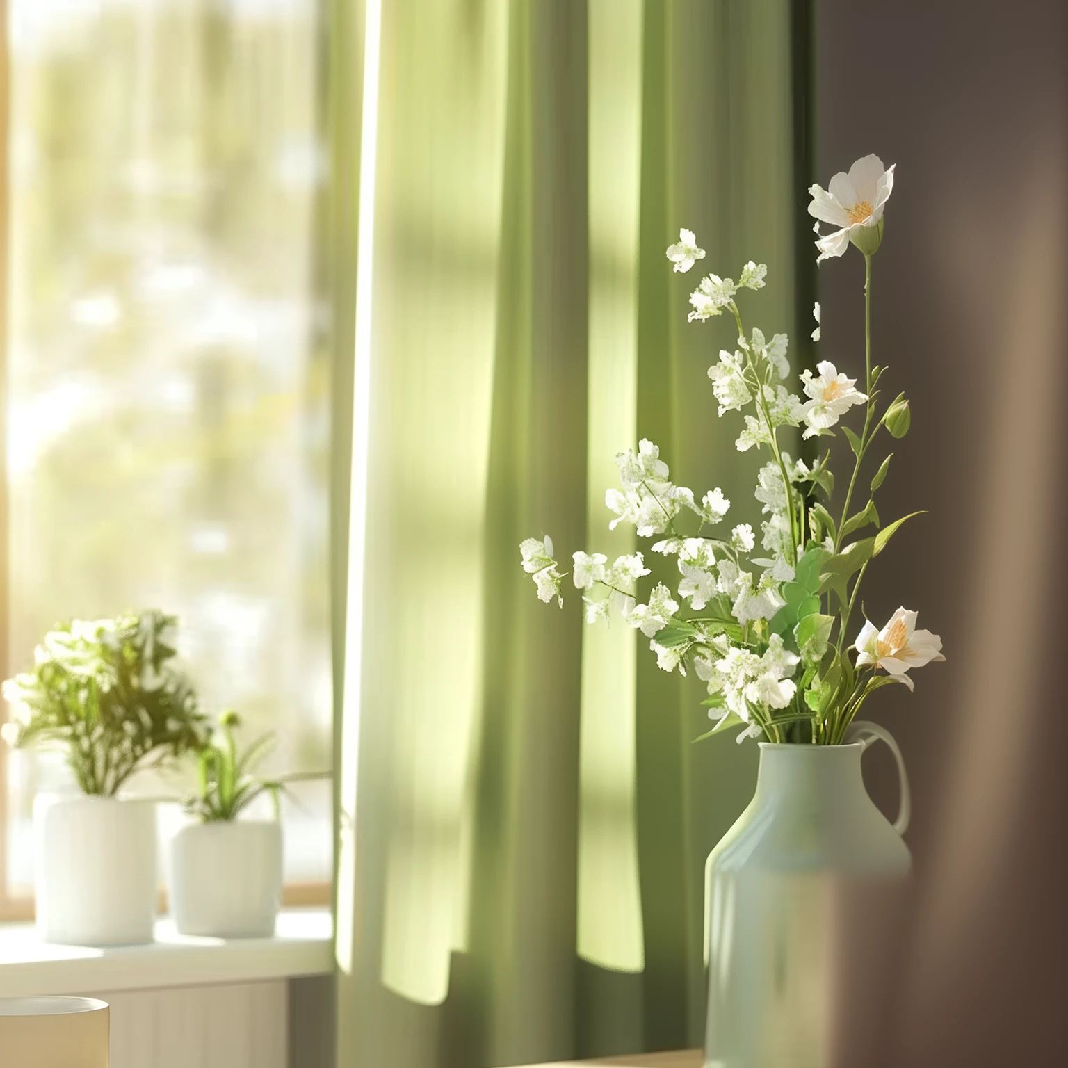 There is a vase on the table in front of the window,There are flowers inside, Natural window lighting, Soft window lighting, Afternoon Sunshine, Soft green natural light, Realistic afternoon lighting, Detailed natural lighting, Perfect refreshing sunshine, summer morning light, Noon Sun, vibrant volumetric natural light, Soft morning light, Soft natural lighting, Natural light in the room, Soft morning lighting