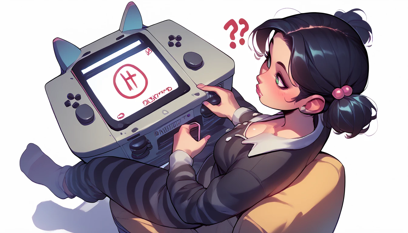 punctuation_9, punctuation_8_High above, punctuation_7_High above, punctuation_6_High above, punctuation_5_High above, punctuation_4_High above, BREAK 1girl, Nerd,Bblack hair, a cartoon image of a woman with a big breast, sitting no puff(blue in color), white scenario, with Nintendo switch in hand, fluffy chest, in pajamas(dressed as a black cat), anime cel shaded, Covered breasts and SFW, wearing pajamas(sitting on the cushion (blue in color), with a Nintendo Switch in hand), Kantai Collection Style, anime moe art style, , twintails brancos_mitts, seductive anime girl((dressed as a black cat)), brincando with a Nintendo Switch in hand(spiral eye)White background.