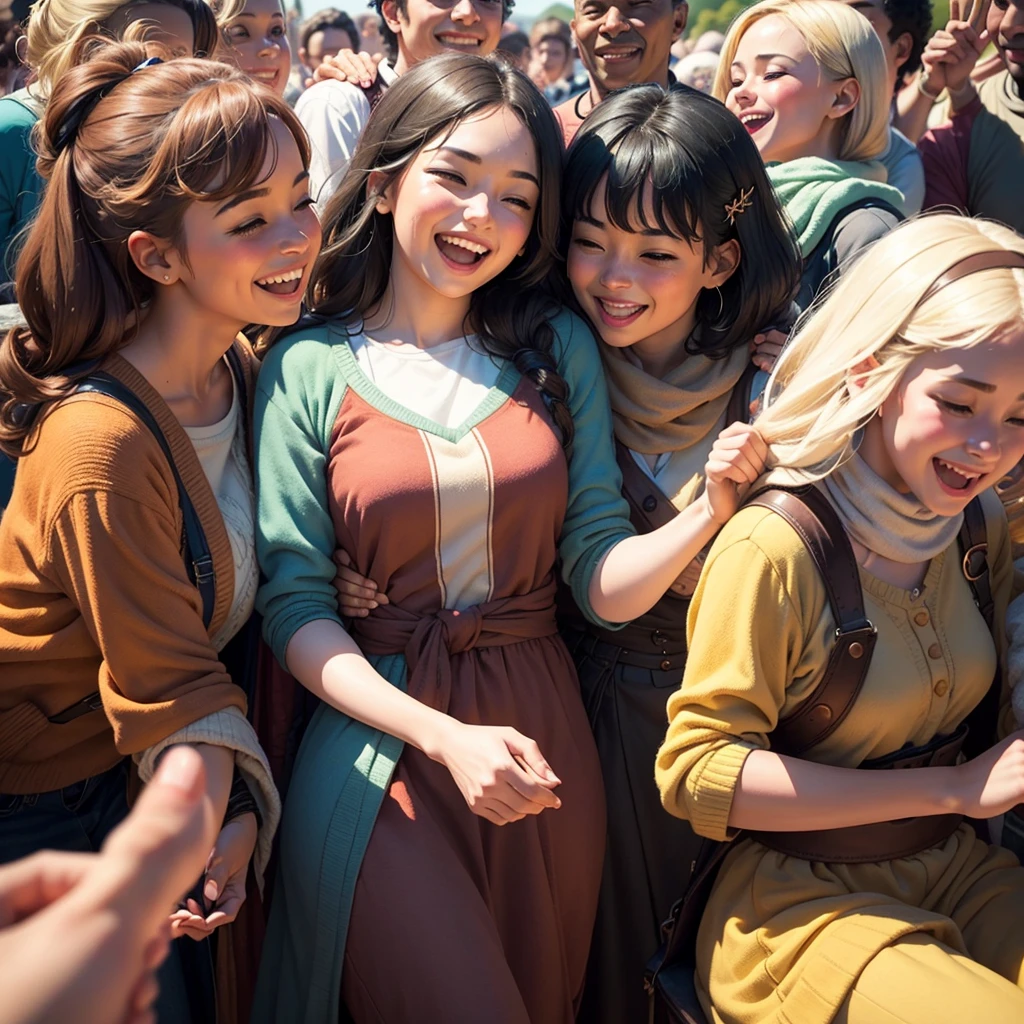 Create an imaginative image depicting a person surrounded by a diverse group of friends, each showing admiration and warmth. The setting should be vibrant and dynamic, capturing a sense of camaraderie and joy. Use creative elements to make the image visually striking and suitable for use as a thumbnail.