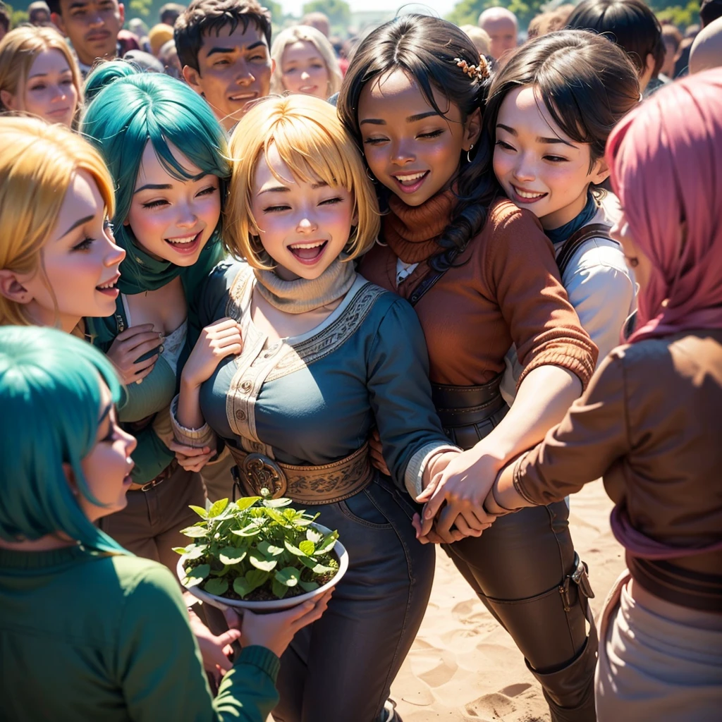 Create an imaginative image depicting a person surrounded by a diverse group of friends, each showing admiration and warmth. The setting should be vibrant and dynamic, capturing a sense of camaraderie and joy. Use creative elements to make the image visually striking and suitable for use as a thumbnail.