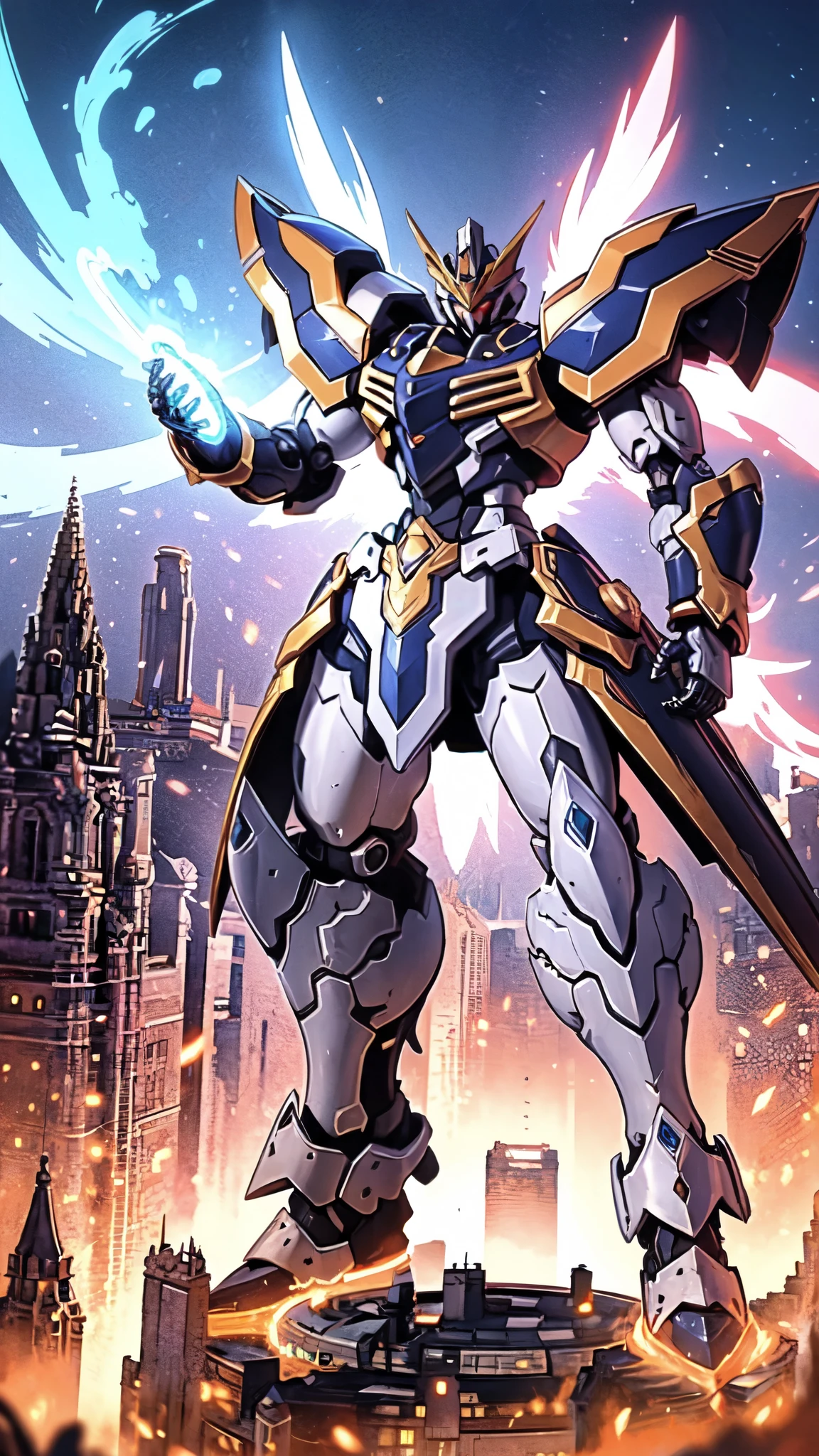 (masterpiece:1.5, best quality:1.5, extremely delicate:1.5), humanoid Mecha, fully enclosed shoulder guards, matching arm and leg guards, full body, full armor, the design balances heavy with agility, (the color scheme is primarily white with red and blue accents, the concept Inspired by Super robot, organic biotech armor, standing, floating high above the futuristic sci-fi city), exquisite and mature art style, (aura effect, energy, glowing eyes, the armor glows), metallic, dramatic, high definition, highres, ultra-detailed, ultra-fine painting, professional, perfect body proportions, anatomically correct, symmetrical face, extremely detailed eyes and face, high quality eyes, creativity, RAW photo, UHD, 32k, Natural light, cinematic lighting, masterpiece-anatomy-perfect
