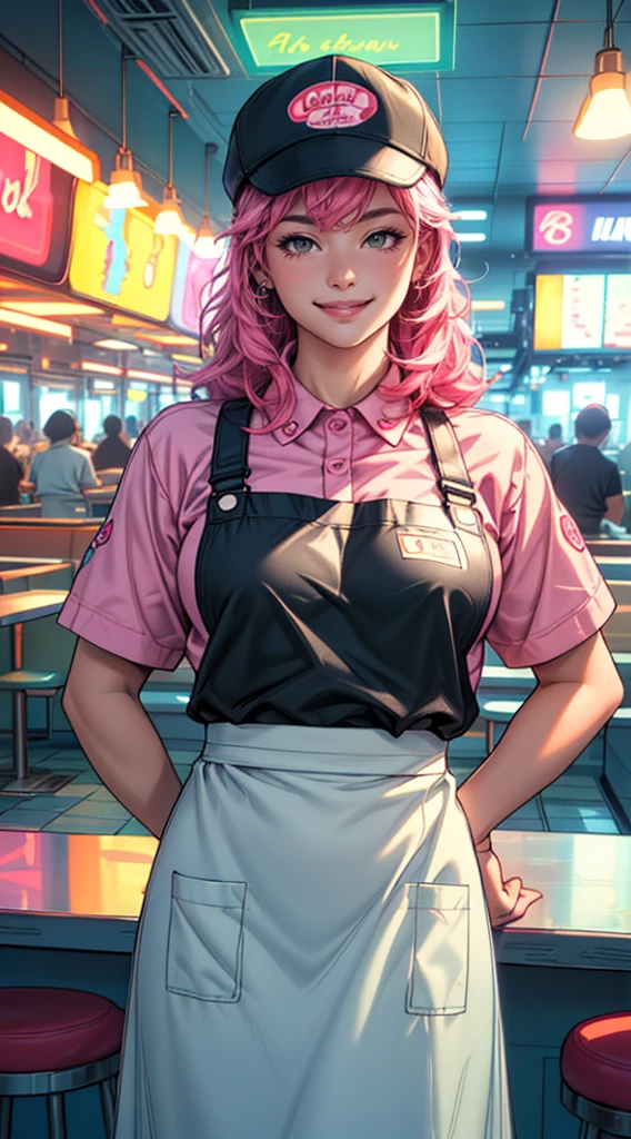 a fast food worker in a restaurant uniform, lofi cartoon style, (best quality,4k,8k,highres,masterpiece:1.2),ultra-detailed,(realistic,photorealistic,photo-realistic:1.37),cute, smiling, dynamic pose, apron, hat, fast food restaurant interior, neon lights, vibrant colors, whimsical, stylized, sketch-like, soft lighting