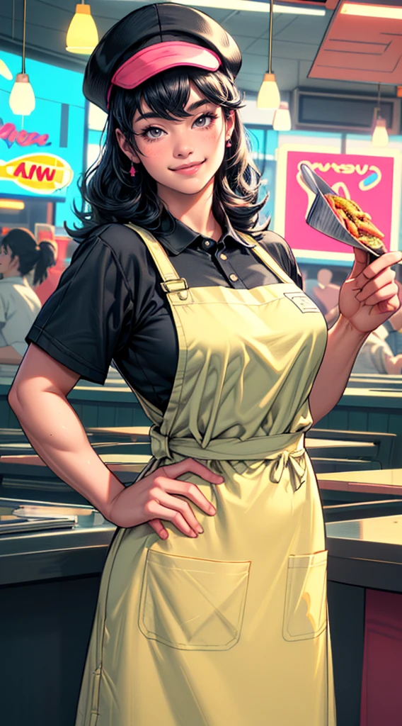 a fast food worker in a restaurant uniform, lofi cartoon style, (best quality,4k,8k,highres,masterpiece:1.2),ultra-detailed,(realistic,photorealistic,photo-realistic:1.37),cute, smiling, dynamic pose, apron, hat, fast food restaurant interior, neon lights, vibrant colors, whimsical, stylized, sketch-like, soft lighting