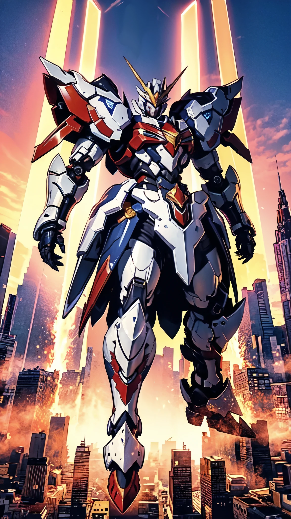 (masterpiece:1.5, best quality:1.5, extremely delicate:1.5), humanoid Mecha, fully enclosed shoulder guards, matching arm and leg guards, full body, full armor, the design balances heavy with agility, (the color scheme is primarily white with red and blue accents, the concept Inspired by Super robot, organic biotech armor, standing, floating high above the futuristic sci-fi city), exquisite and mature art style, (aura effect, energy, glowing eyes, the armor glows), metallic, dramatic, high definition, highres, ultra-detailed, ultra-fine painting, professional, perfect body proportions, anatomically correct, symmetrical face, extremely detailed eyes and face, high quality eyes, creativity, RAW photo, UHD, 32k, Natural light, cinematic lighting, masterpiece-anatomy-perfect