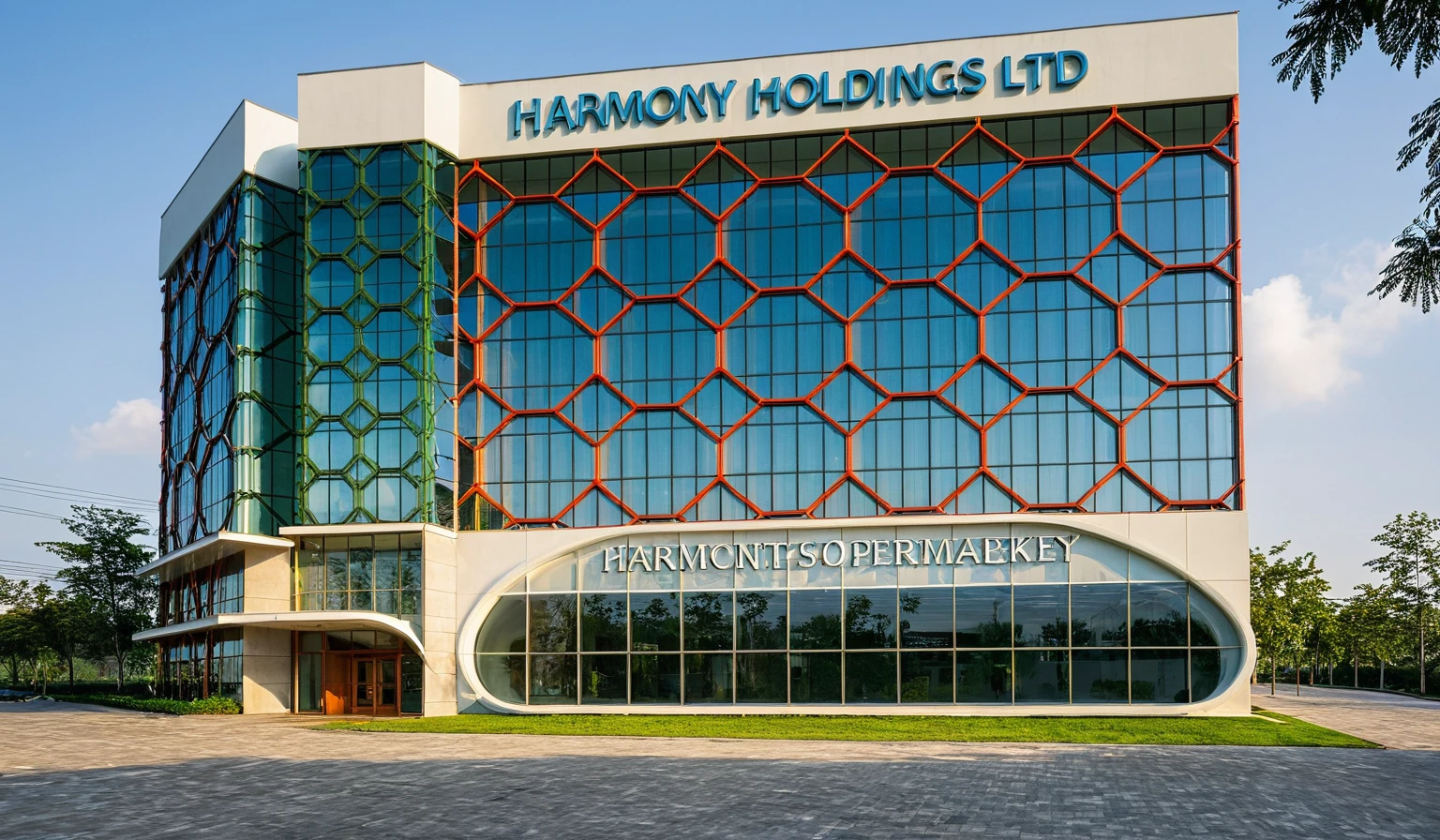 Harmony Holdings Ltd. is a prominent office building situated on a bustling street, teeming with activity. The building stands tall and elegant, with its modern architectural design catching the eyes of passersby. The facade is a blend of glass and steel, reflecting the vibrancy of the city around it.

As you approach the building, you notice the well-manicured landscaping that adds a touch of greenery to the urban setting. The entrance is grand, with automatic sliding doors welcoming employees and visitors alike. The lobby is spacious, featuring sleek furnishings and contemporary artwork that creates a professional yet inviting atmosphere.

Inside, the office spaces are designed to maximize efficiency and comfort. Large windows allow natural light to flood the rooms, providing a pleasant working environment. The open-plan layout fosters collaboration among team members, while private meeting rooms offer spaces for focused discussions and client meetings, glass wall ,road,pavement, grass, trees, sky, cloud, (daylight:1.1)
