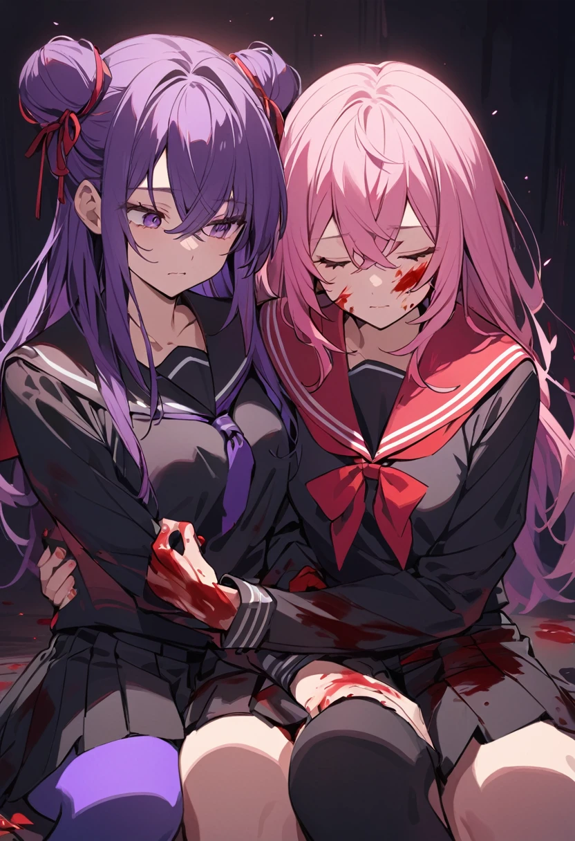 Old factory, dark background, ((multiple girls)), (2girls), pink hair in a bun, ((swept bangs)), seifuku with the leading colors of black and red, black short-sleeved blouse with a red sailor collar, black knee-length pleated skirt, light blue tights, blood on face, blood on hands, blood on clothes, blood from mouth, closed eyes, die, (laying in the lap of the purple-haired girl), ((shoulder-length purple hair)), red ribbon is tied into a bow on the left side of the hair, ((crossed bangs)), bright purple eyes, seifuku with the leading colors of black and red, black short-sleeved blouse with a red sailor collar, black knee-length pleated skirt, sitting on knees, expressionless, calm, looking down at the pink-haired girl