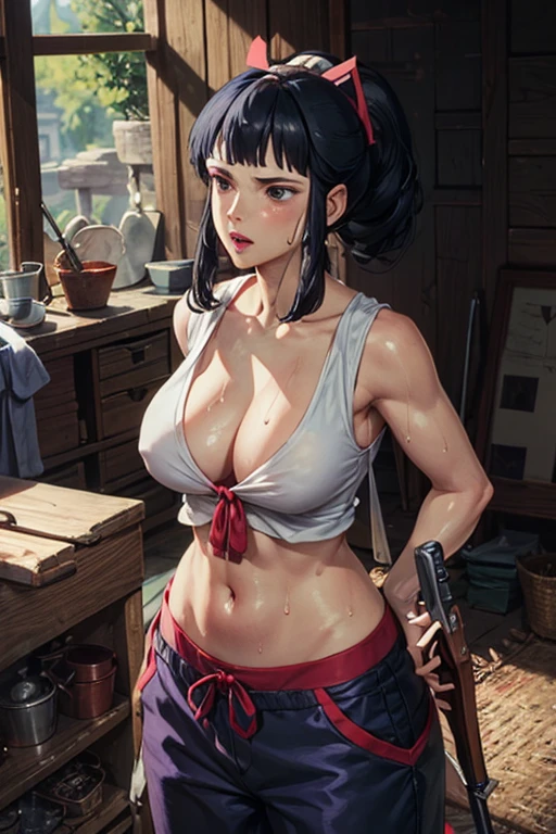 masterpiece, Highest quality, Unreal Engine, Super Resolution, Very detailed,
One Woman, Lady Eboshi from Princess Mononoke, Cleavage, Physical Beauty, (Muscular:0.8), (Big Breasts), bold, Lips parted, Observe the audience,
In a dynamic pose, Cowboy Shot,
The World of Princess Mononoke, At the matchlock gun workshop, Key Visual,
((Sticky with sweat)),