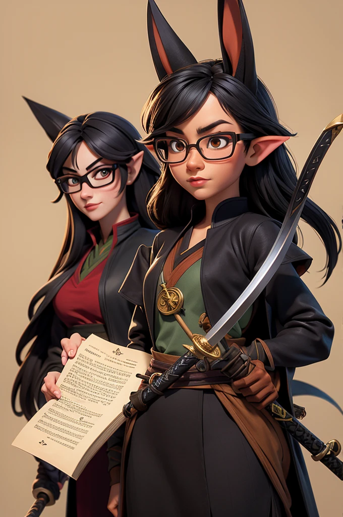 a rabbit with glasses with a book in her hands, Two elves with swords and a black fox with glasses and katana and oriental clothing.