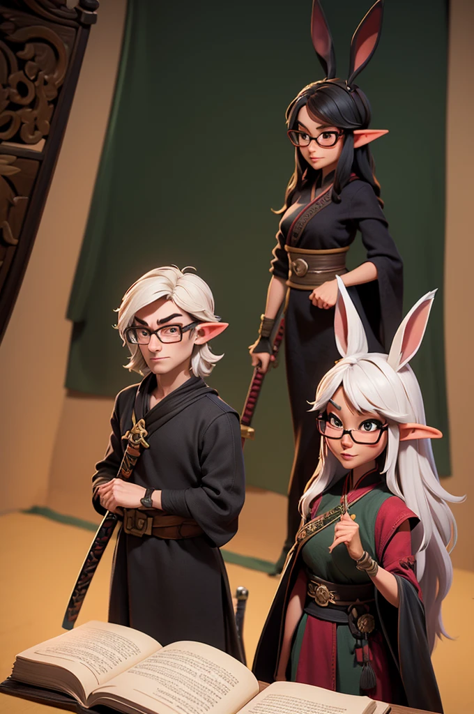 a rabbit with glasses with a book in her hands, Two elves with swords and a black fox with glasses and katana and oriental clothing.