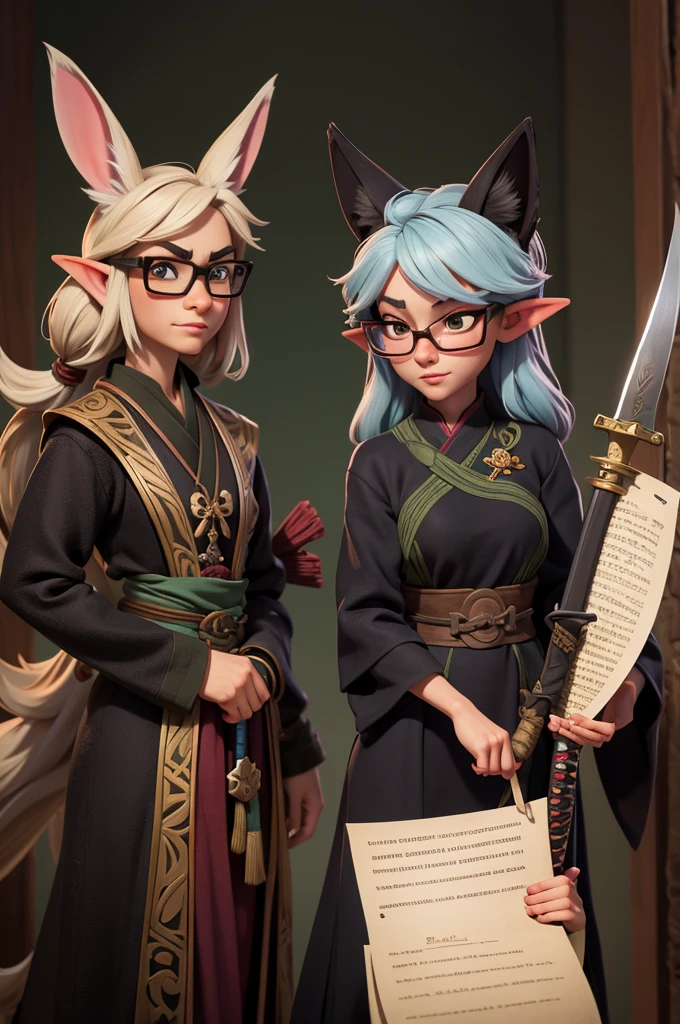 a rabbit with glasses with a book in her hands, Two elves with swords and a black fox with glasses and katana and oriental clothing.