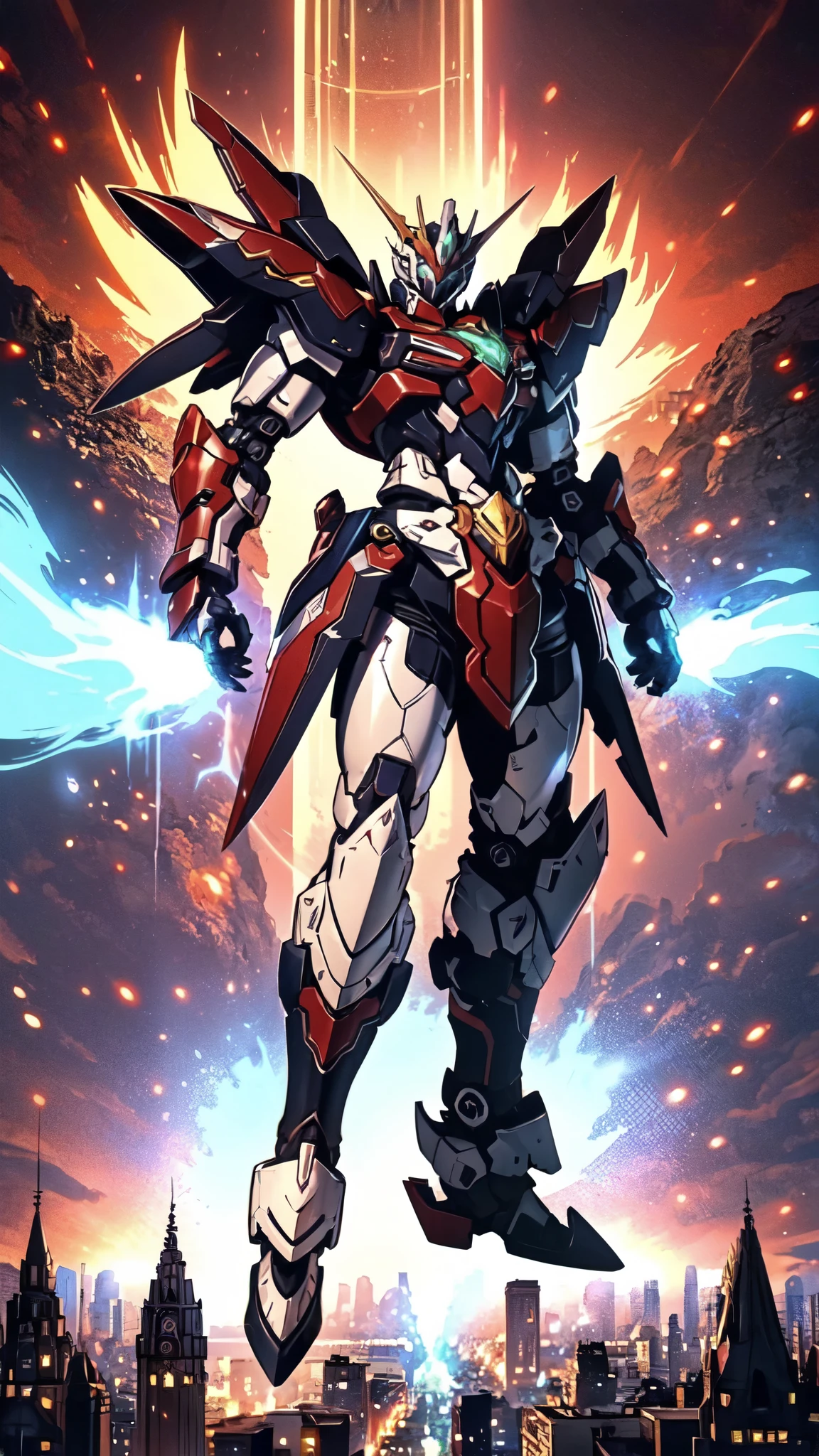 (masterpiece:1.5, best quality:1.5, extremely delicate:1.5), humanoid Mecha, fully enclosed shoulder guards, matching arm and leg guards, full body, full armor, the design balances heavy with agility, (the color scheme is primarily white with red and blue accents, the concept Inspired by Super robot, organic biotech armor, standing, floating high above the futuristic sci-fi city), exquisite and mature art style, (aura effect, energy, glowing eyes, the armor glows), metallic, dramatic, high definition, highres, ultra-detailed, ultra-fine painting, professional, perfect body proportions, anatomically correct, symmetrical face, extremely detailed eyes and face, high quality eyes, creativity, RAW photo, UHD, 32k, Natural light, cinematic lighting, masterpiece-anatomy-perfect