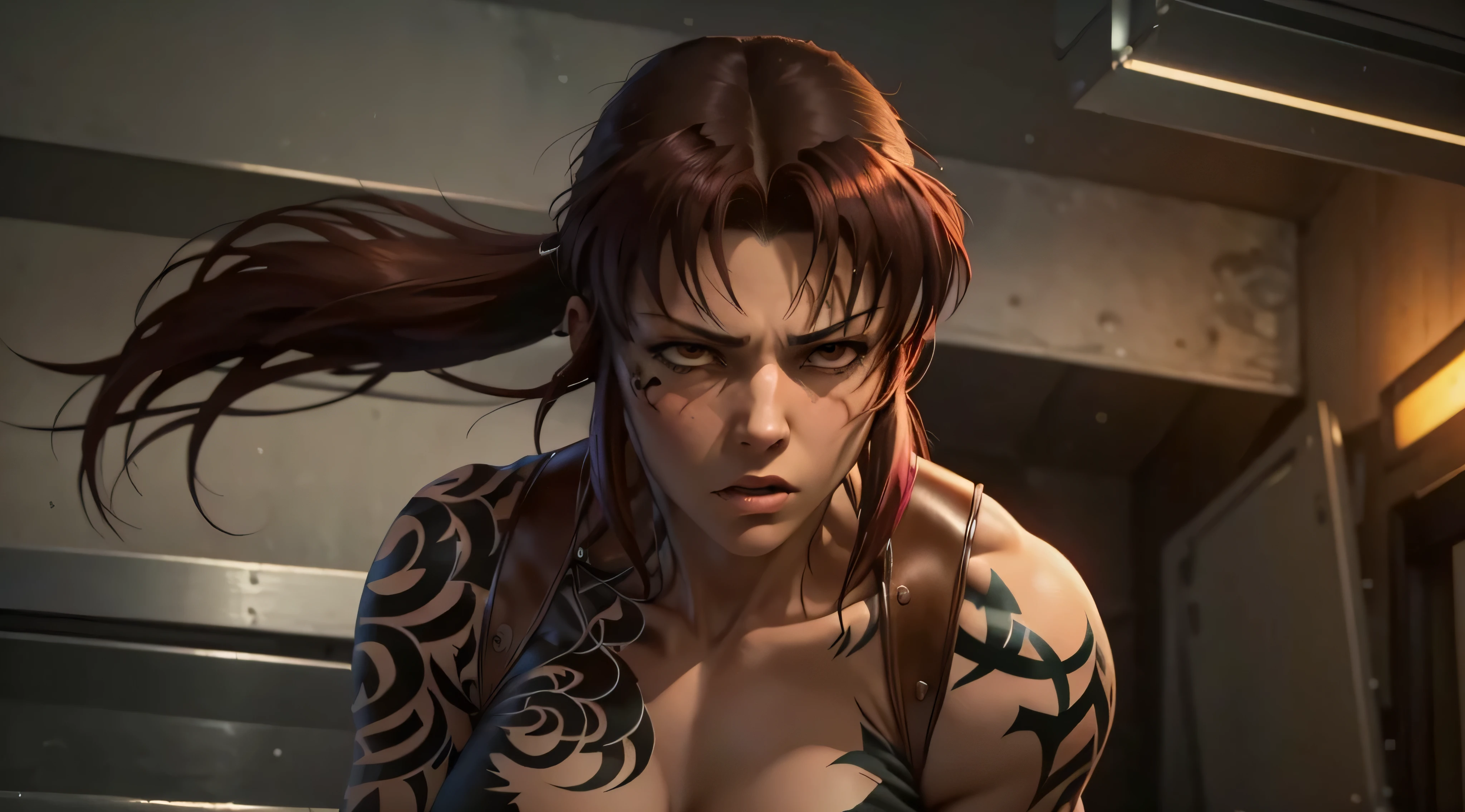 Revy from black lagoon, nude, expression is sensual, neon lights illuminating the area, The artwork is rendered in an edgy and realistic style, with high attention to detail and sharp focus. The colors are vivid and contrasted, with a slight desaturation to create a moody atmosphere. shadowy highlights enhancing the overall composition. The medium used is a digital illustration, with a touch of photo-realistic elements to add depth and texture to the image. The final result is a masterpiece in ultra-high resolution, showcasing the intense and raw nature of Revy's character.